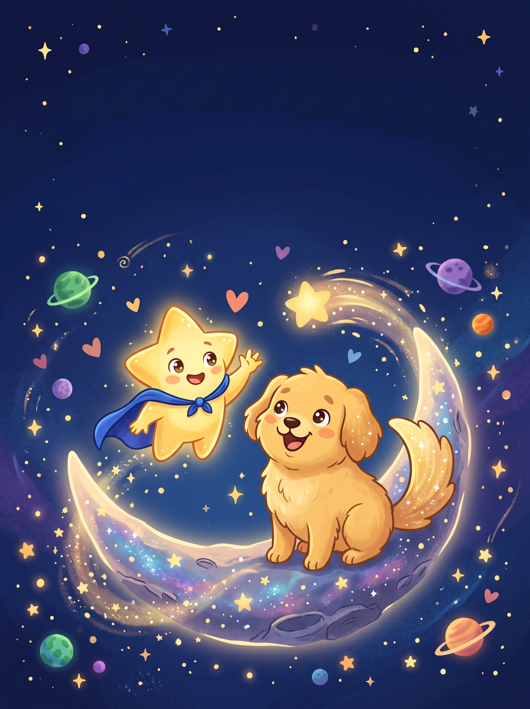 SheysUniverse — The Story of Our Universe comic book cover, featuring Nova the star and Max the puppy on a crescent moon