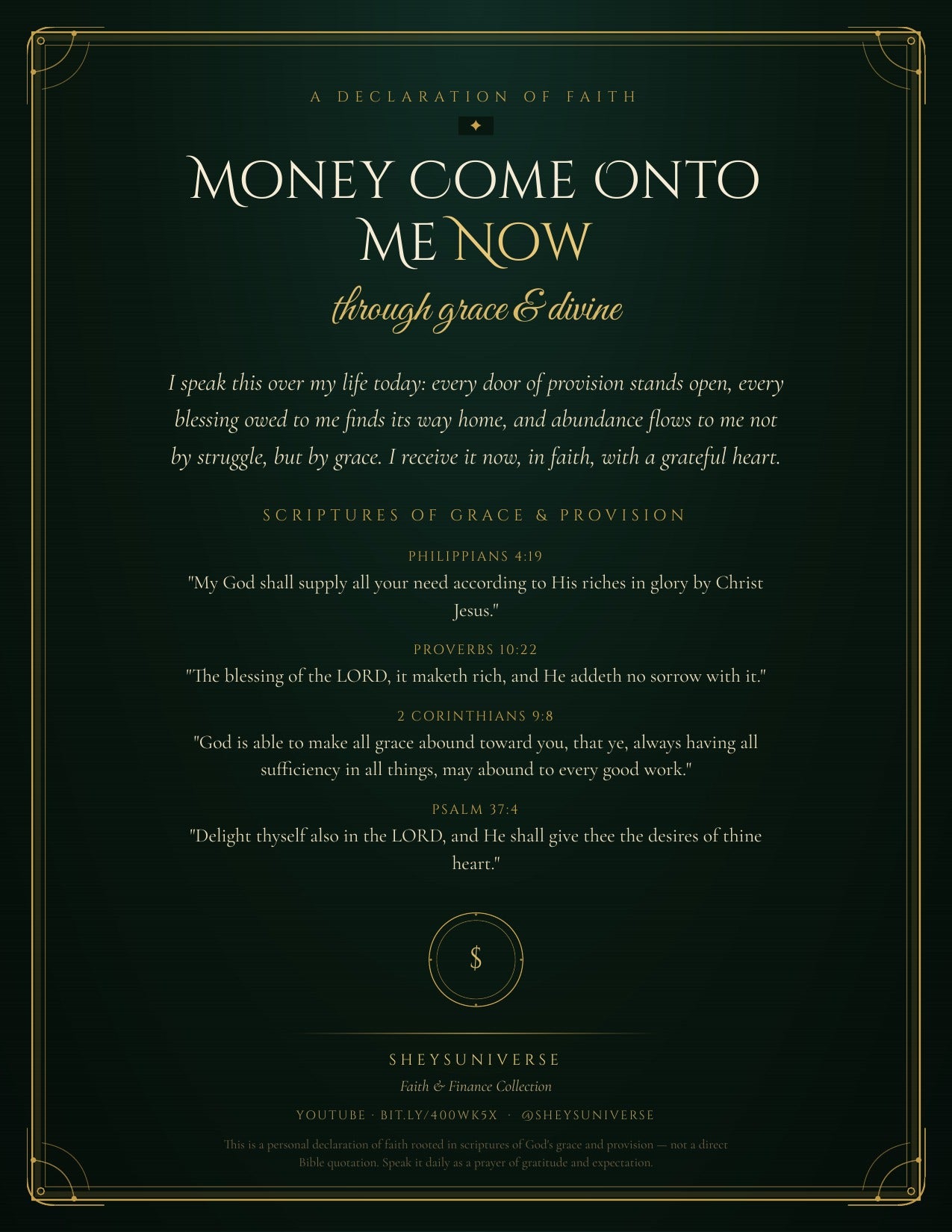 Money Come Onto Me Now — Grace & Divine Declaration Card