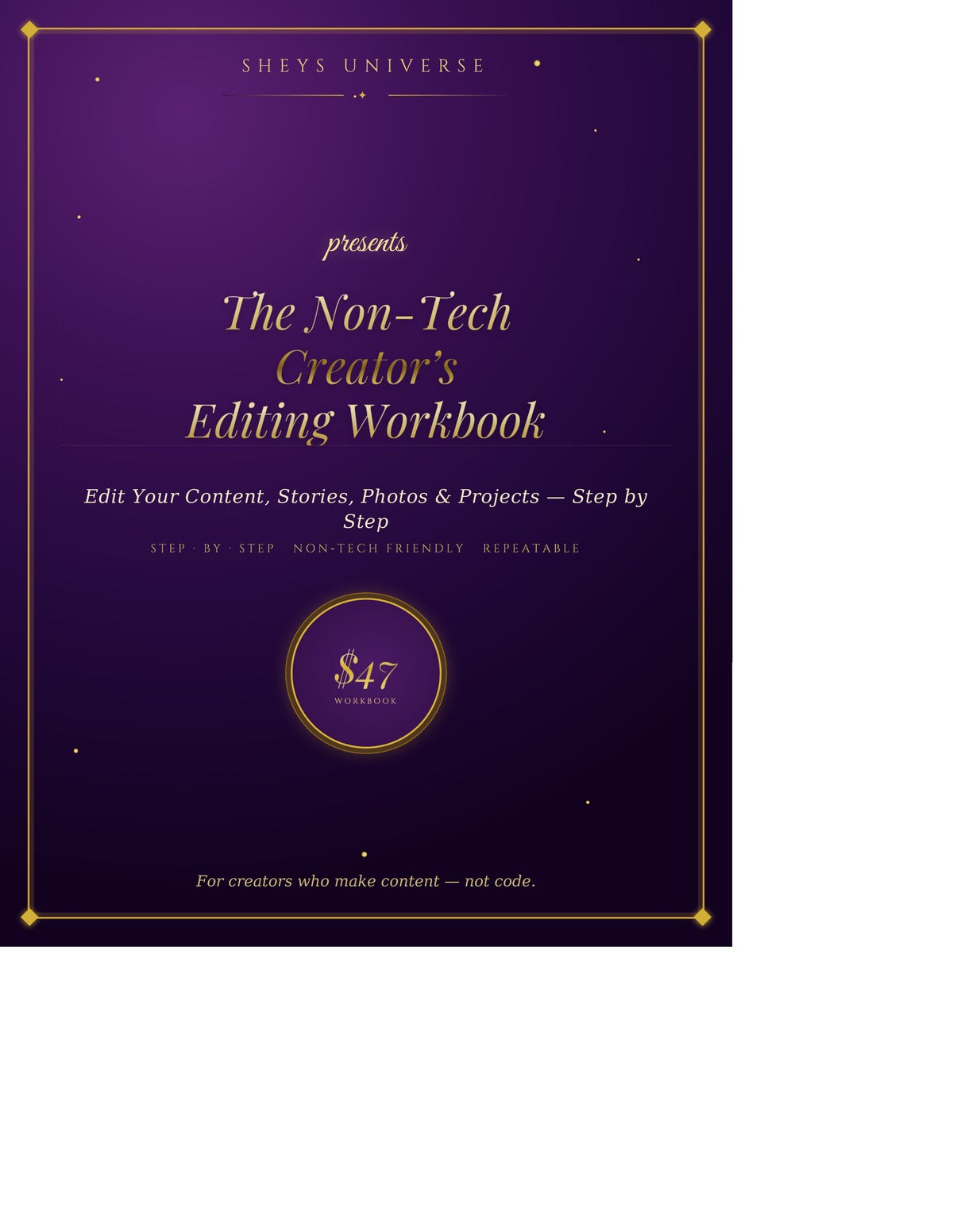The Non-Tech Creator's Editing Workbook - gold and purple glam cover
