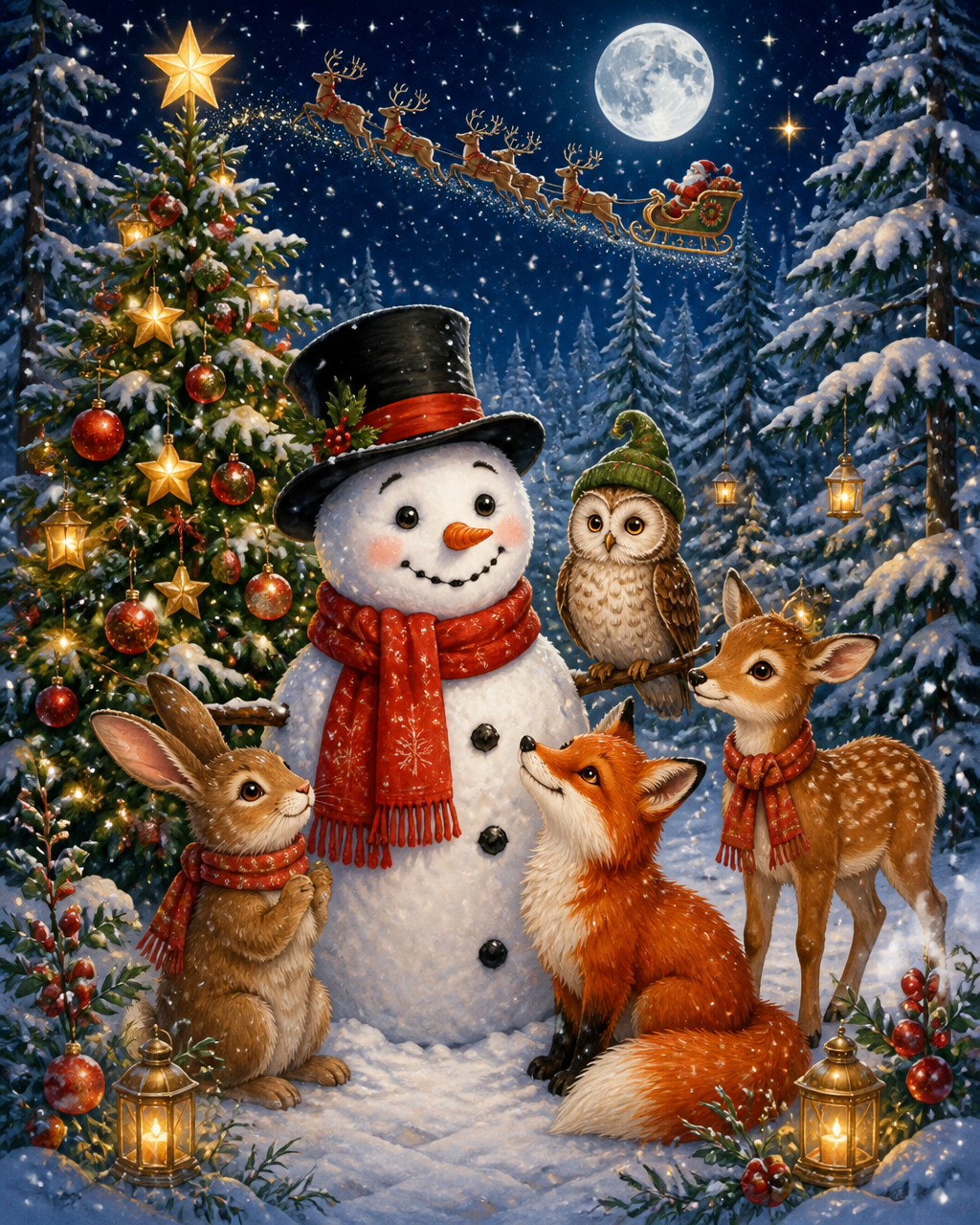 Yay, Christmas Is Coming! book cover - snowman and forest friends under a Christmas tree with Santa's sleigh overhead